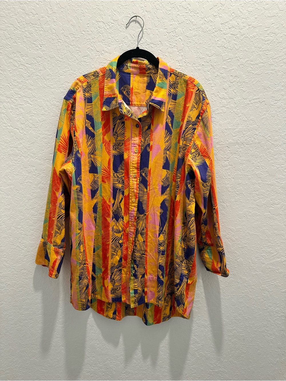 Women's Multicolor Stripe Button-Down Shirt with Parrot Print